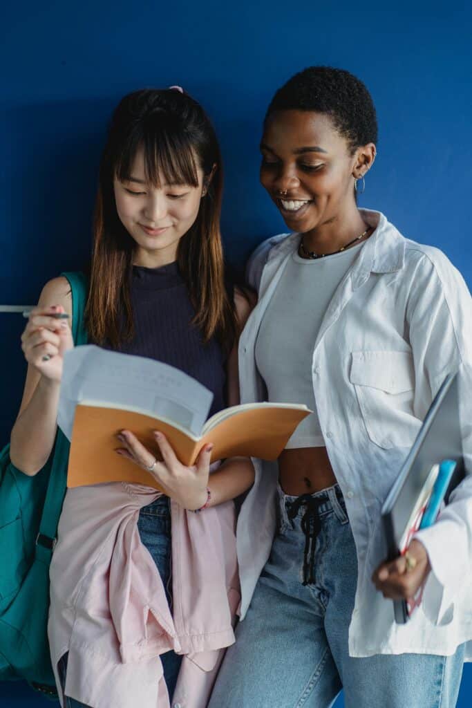 Two students doing group work, smiling and communicating.