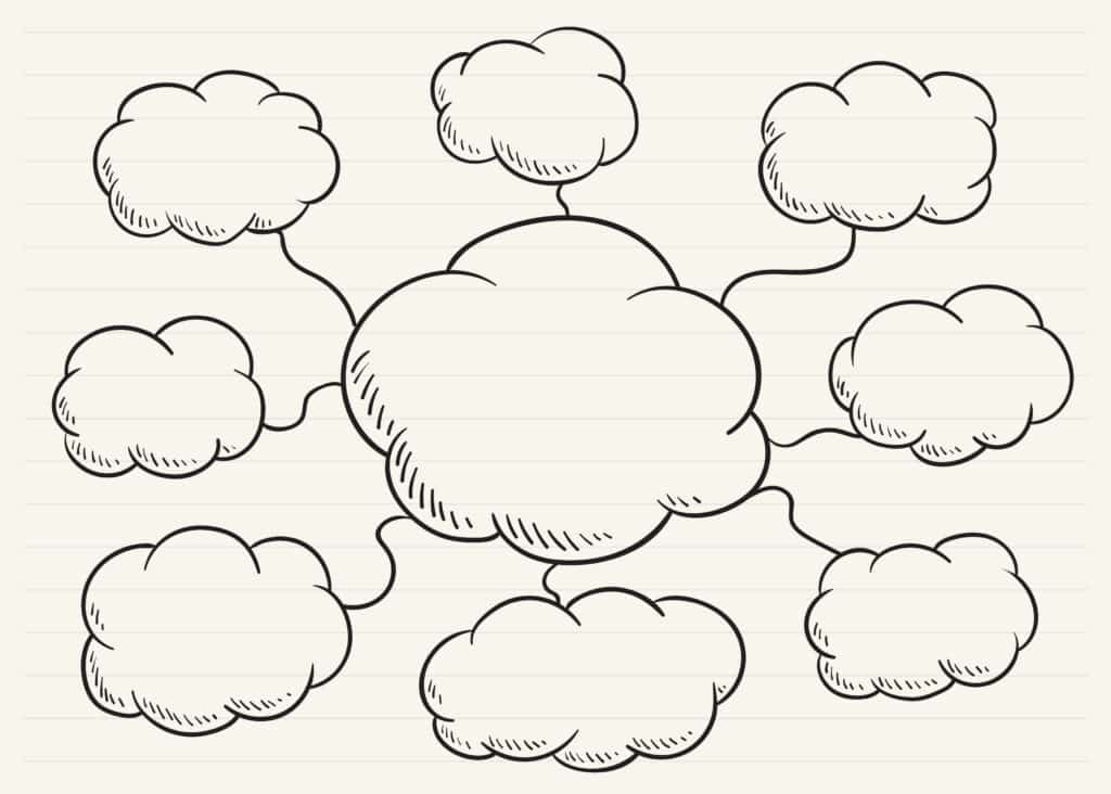 Mind map template in hand-drawn style, featuring a central cloud with eight small clouds radiating out from it.